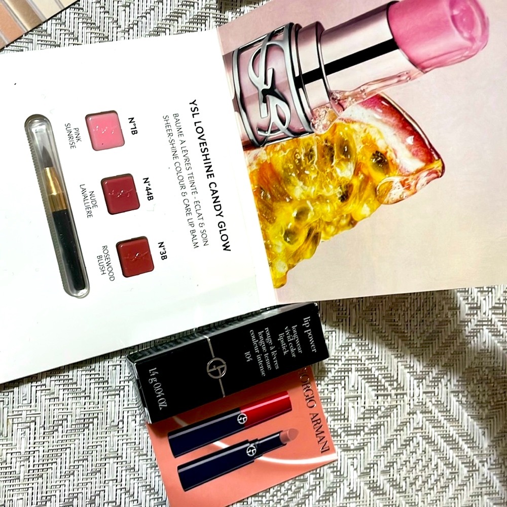 YSL Loveshine Candy glow Lip swatches and Giorgio Armani Lipstick 104